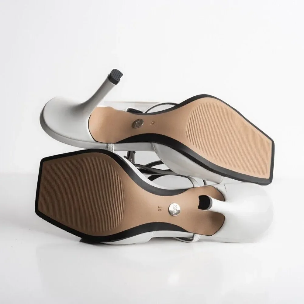 Zara Womens White Faux Leather Sandals Heels asymmetric strap US 7.5 EU 38 NWT - Picture 8 of 8